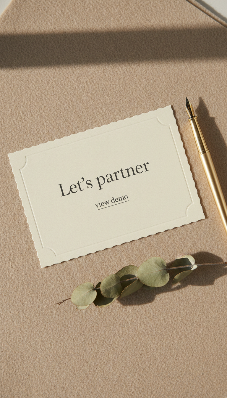 A close-up of an elegantly designed contact form card, rendered in pale ivory heavy stock with embossed edges and refined typography reading “Let’s partner” and “view demo” in delicate type. The card lies neatly atop a soft beige felt desk pad, accented by a slim, gold fountain pen alongside a single dried eucalyptus branch. Gentle, diffused morning light flows across the card, creating soft gradients and faint shadowing. Shot from a top-down, centered angle with sharp focus on the details, the composition is minimalist and intimate, evoking a warm invitation and a sense of thoughtful connection in line with the app’s sophisticated ethos.