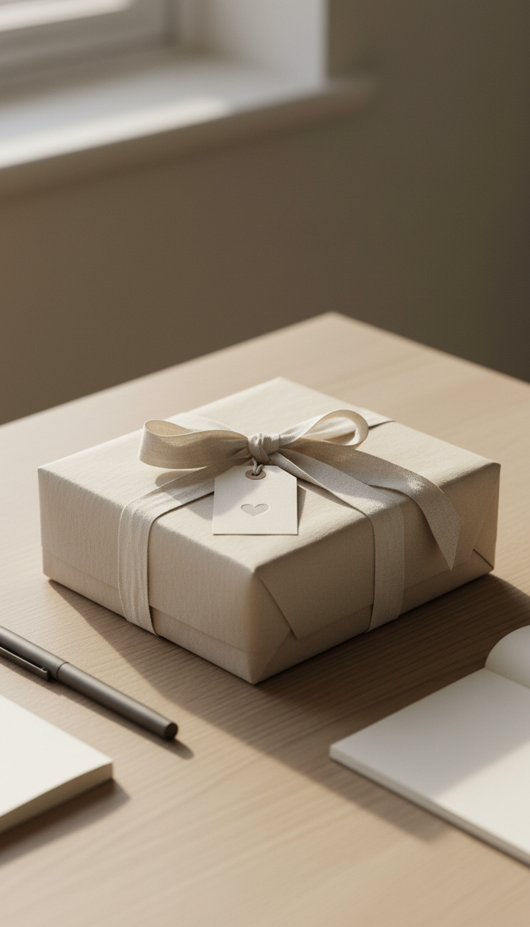 A thoughtfully wrapped, neutral-toned gift box with delicate linen ribbon and a subtle embossed tag displaying a tiny heart. The box sits on a pale oak tabletop surrounded by softly blurred, minimalist stationery—a slim notepad and a simple, matte-finished pen. Warm, diffused natural light filters in from a side window, accentuating the subtle gradients on the box and casting gentle shadows that highlight clean lines and elegant textures. The scene is photographed at an eye-level angle with shallow depth of field, fostering a calm, inviting atmosphere. The minimalist, photographic style underscores the refined and sophisticated brand identity of a modern gift planning startup.