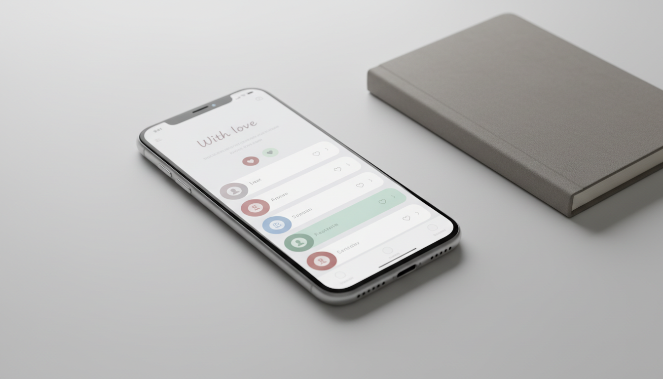 A streamlined, modern mobile phone mockup with the 'With love,' app interface displayed, featuring clean UI elements in a muted pastel palette. The phone rests on a flawlessly smooth, off-white tabletop, accompanied by a single closed notebook with a suede-like texture. Ambient diffused lighting softly illuminates the device screen and surface, avoiding harsh glares and producing barely-there shadows. The mood is calm, innovative, and inviting, suggesting seamless digital experience. Shot from a slightly oblique, eye-level angle with sharp focus on the screen and a slight blur to the notebook, this composition exudes minimalist sophistication and photographic realism tailored for a SaaS landing page.
