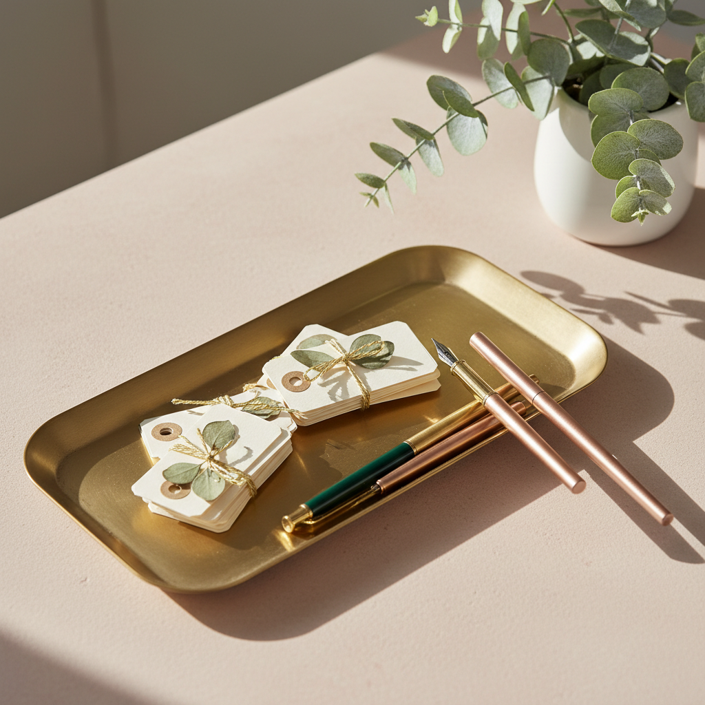 A minimalist brass desk tray holding delicately wrapped gift tags and slim fountain pens, arranged neatly atop a pale blush concrete surface. In the background, an understated planter of soft green eucalyptus creates a hint of texture without distraction. Subtle, natural daylight drifts in from the left, illuminating the scene with graceful highlight and casting gentle, sophisticated shadows. The mood is warm yet reserved, conveying organizational elegance and gentle focus. Photographed from above at a three-quarter angle, using crisp focus on foreground elements and slight background blur. The style blends photographic realism with a refined, elegant minimalist sensibility, perfect for illustrating organized gift planning.